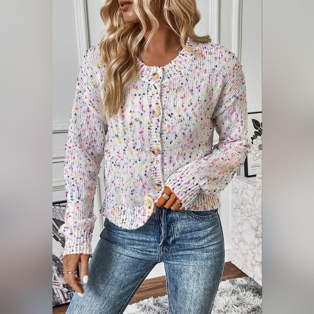 Rhinestone Colorful Popcorn Confetti Knit Cardigan Long Sleeve Button-Up Sweater